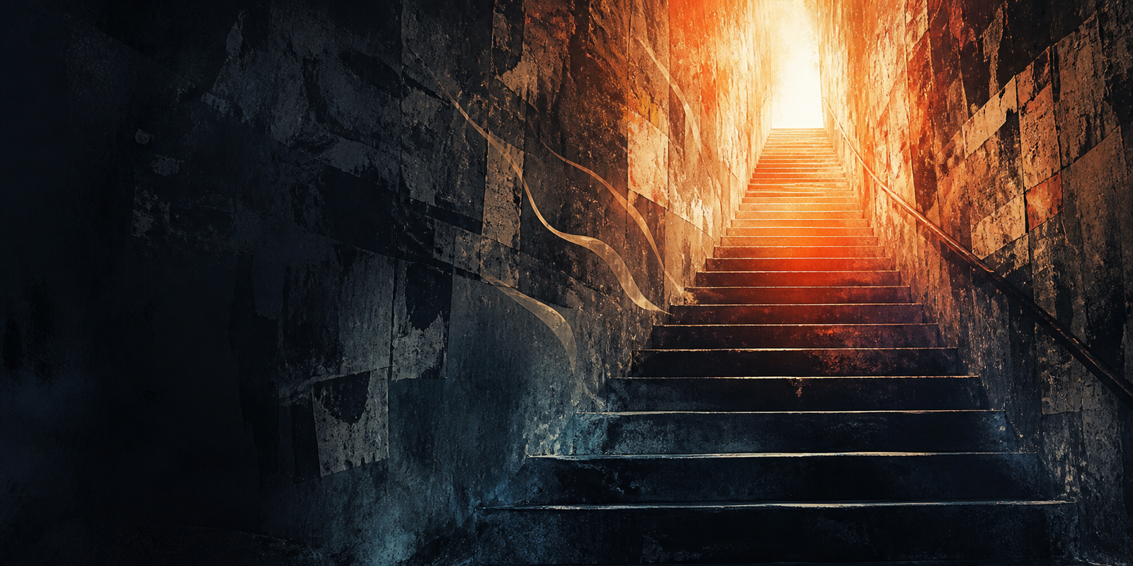 Illustrated stairway rising from a dark room into radiant warm light