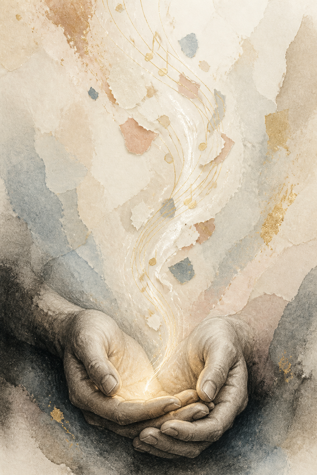 Illustrated hands holding a thread of light that becomes music