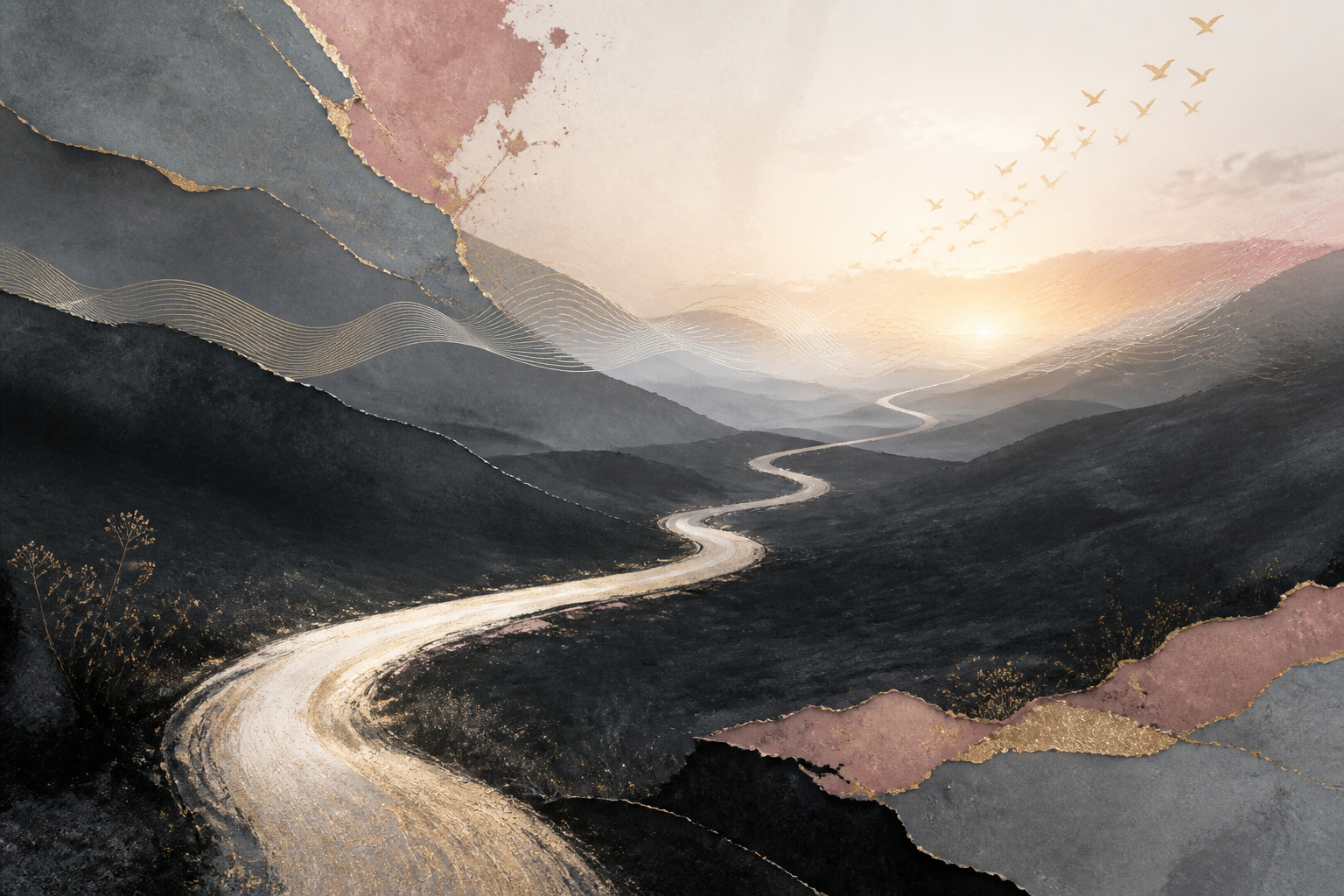 Illustrated road winding from a dark valley toward dawn