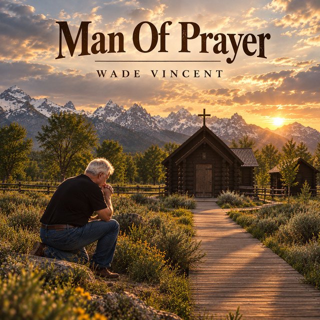 Man of Prayer cover art showing Wade Vincent kneeling near a chapel at sunset