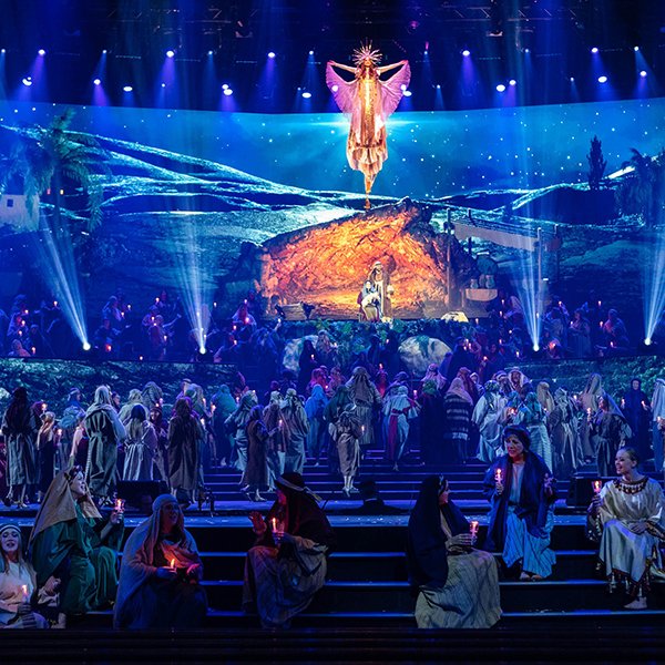 A flying angel appears above the Living Nativity at Prestonwood