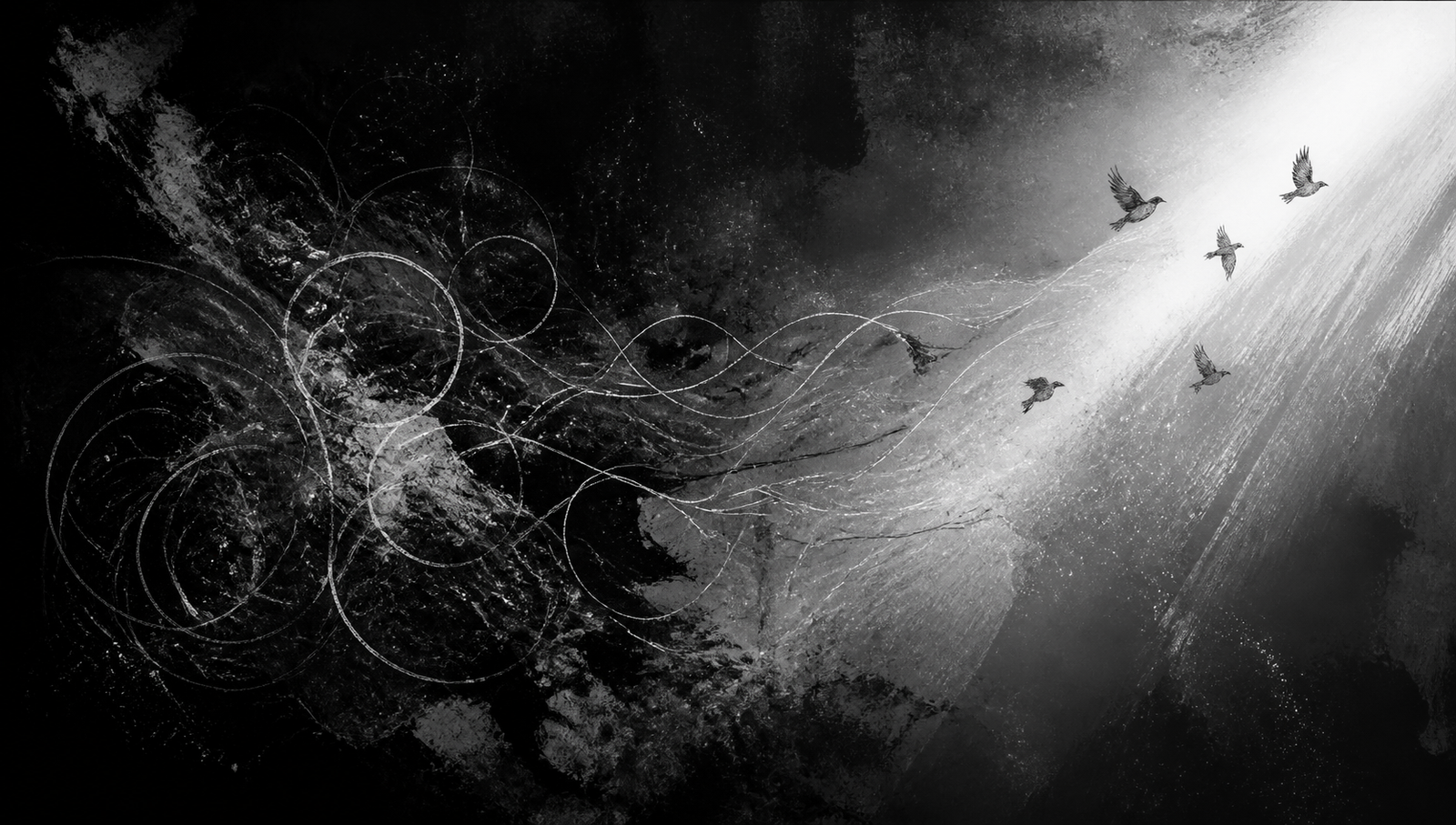 Black-and-white illustration of tangled thoughts opening into light and flying birds