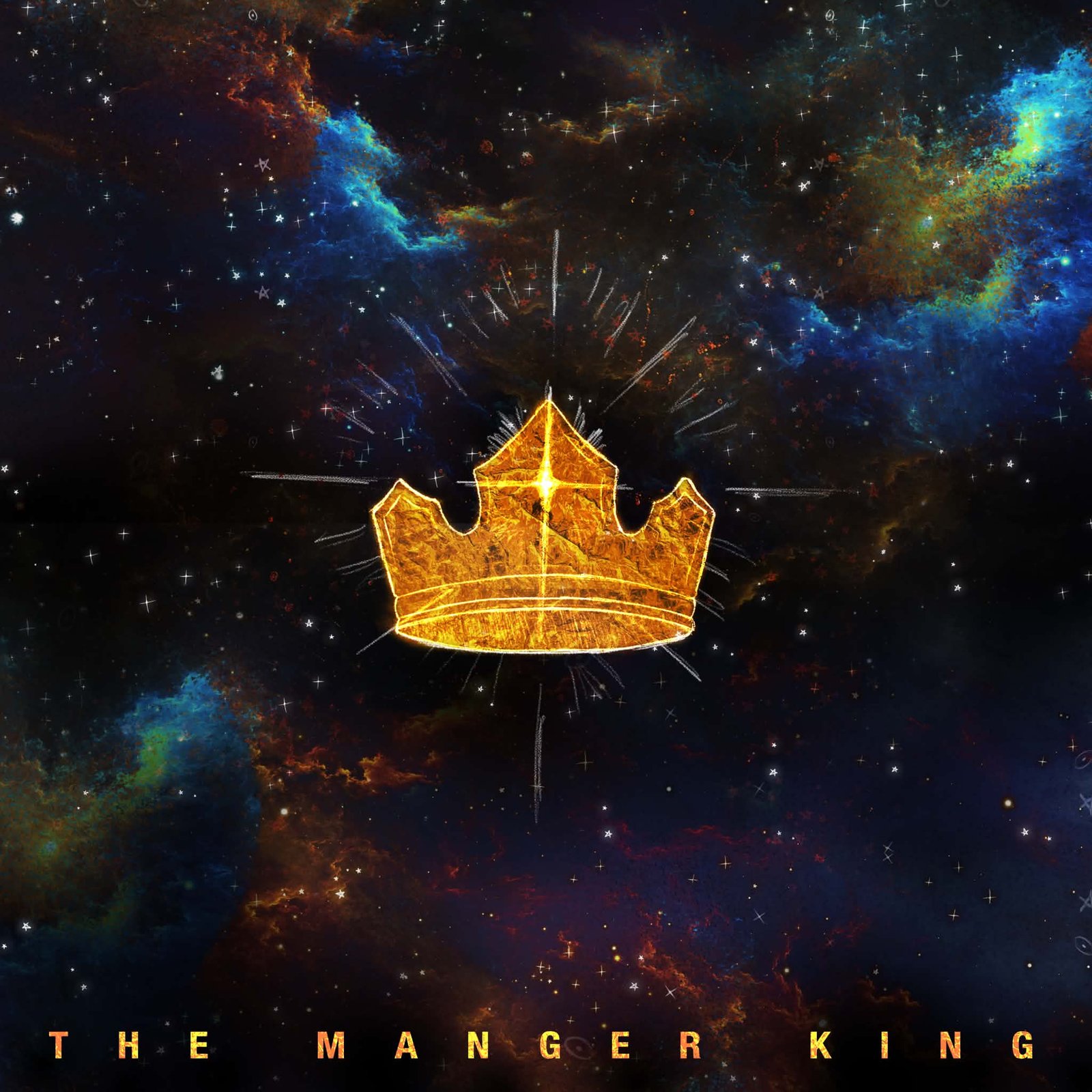 The Manger King cover art with a gold crown and star-filled sky