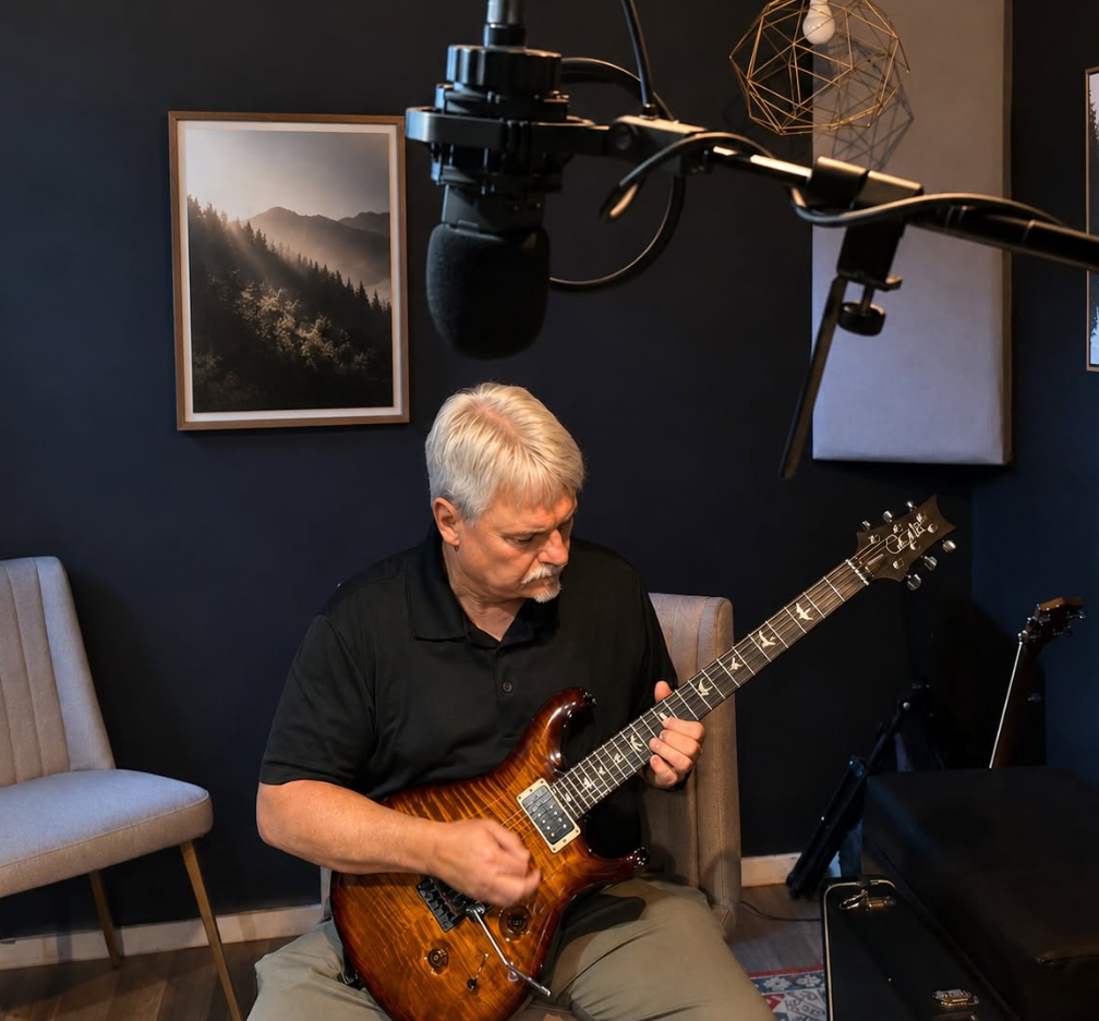 Wade Vincent playing electric guitar in his studio